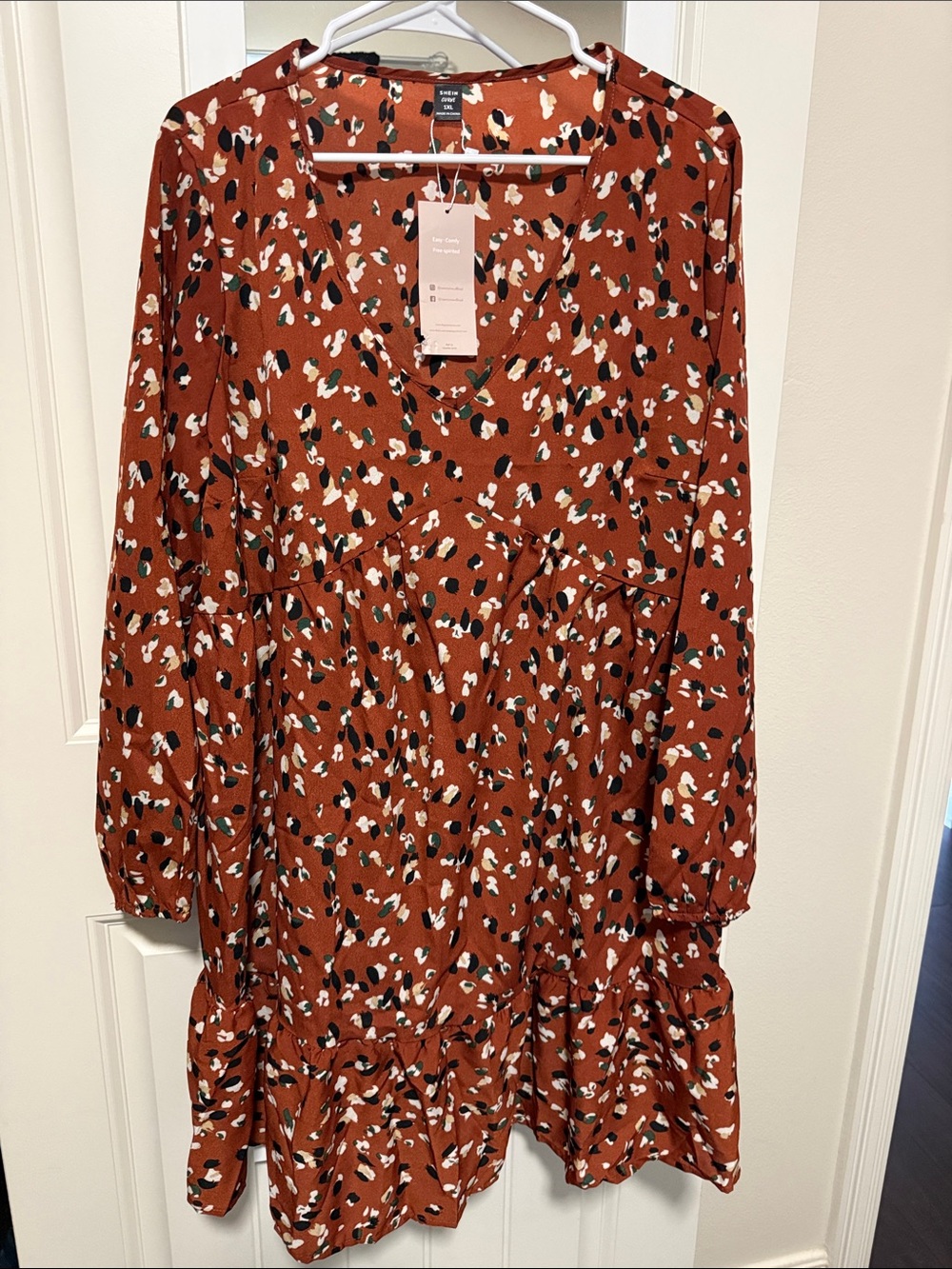 SHEIN Rust Floral Tiered Long Sleeve Dress